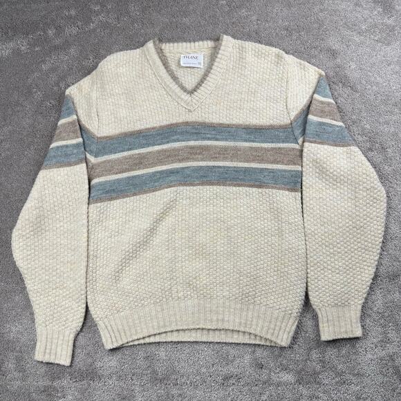 Vintage Striped V-Neck Sweater Size M Beige, Brown Blue Waffle Grandpa Academia - Picture 1 of 4